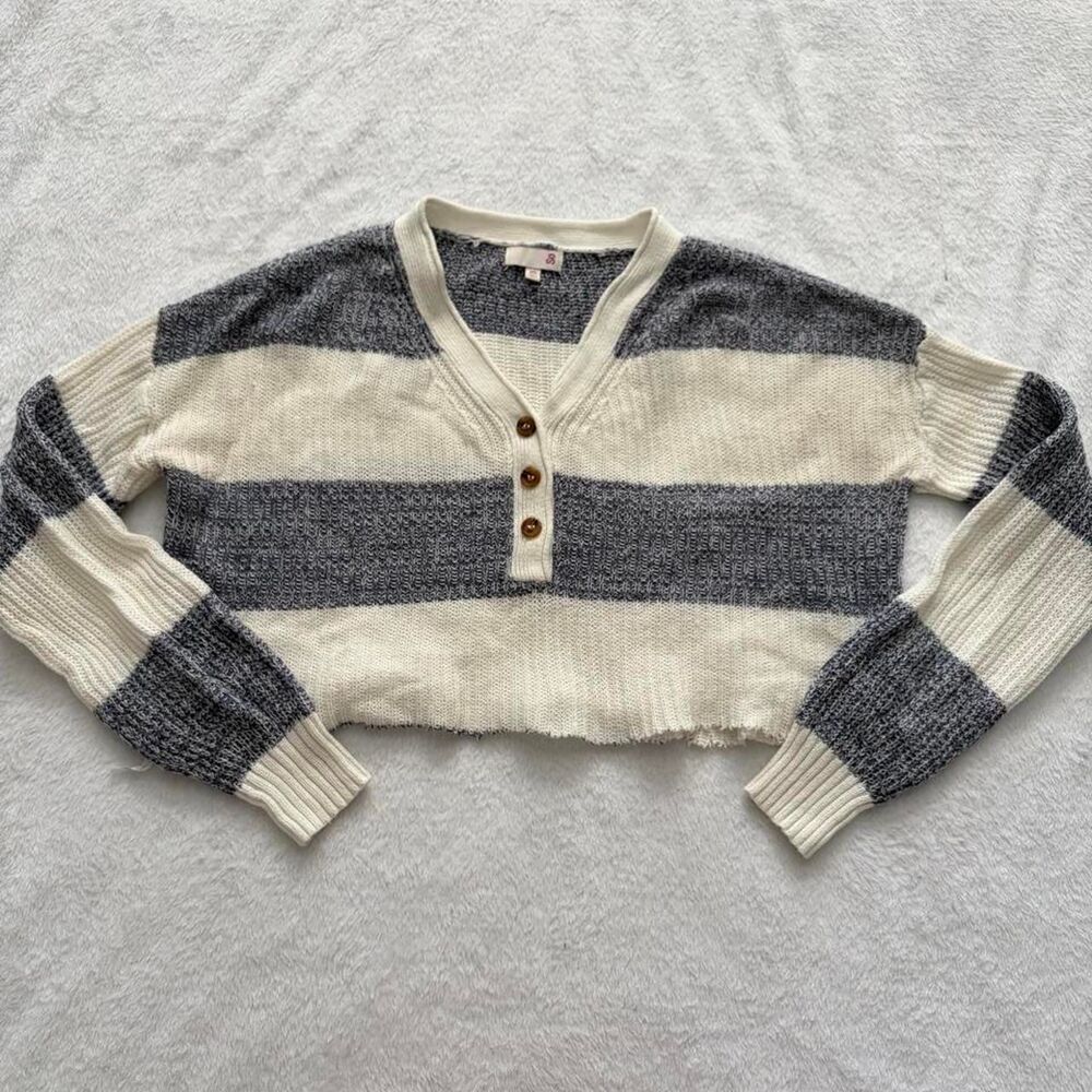SO Y2K Stripe Long Sleeve Sweater Women's XS Cropped Knit Henley Casual Lounge